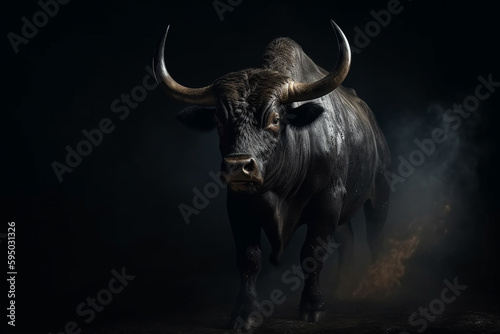 A massive bull walking angrily. Isolated on black. Generative AI