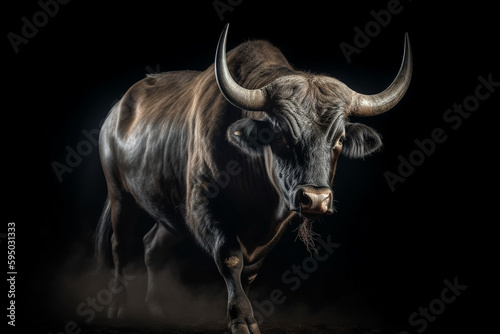 A massive bull walking angrily. Isolated on black. Generative AI