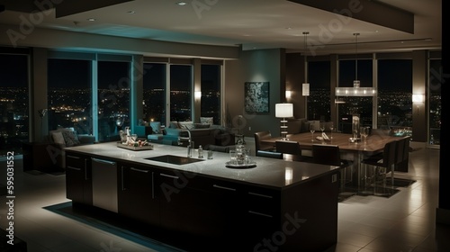 Luxury penthouse kitchen at night, generative Ai