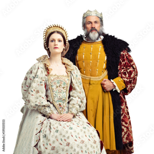 Queen, king and together in royal portrait for theater, production or leadership by transparent png background. Isolated man, woman and crown with fashion, support and medieval acting with culture