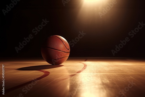 Mysterious Basketball Court: Dramatic Atmosphere in a Darkened Room with a Ball in Focus. Generative AI © Ilugram