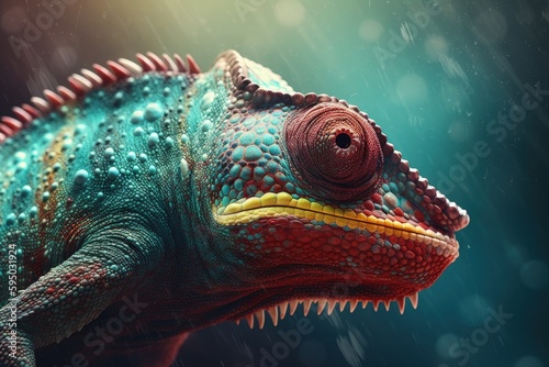 Close-Up of Chameleon with Green and Blue Colors. Generative AI. © Ilugram