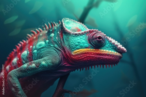 Close-Up of Chameleon with Green and Blue Colors. Generative AI.