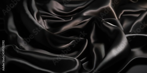 Dark black vintage silk satin. Dark black color. Luxury elegant background for design. Creases in fabric. Drapery. Shiny smooth silky surface. Wedding, romance. Wide banner. Panoramic