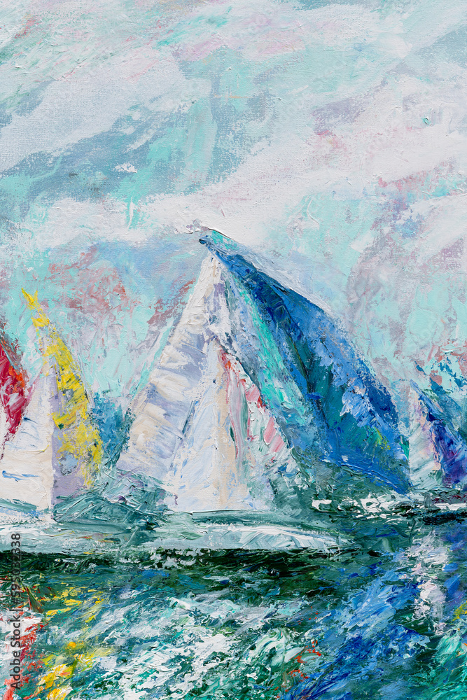 Fragment of colorful oil painting on canvas depicting sailing boats over water. Impasto artwork. Impressionism art.