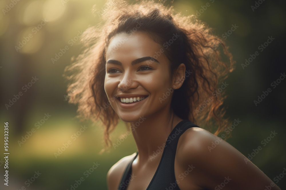 Beautiful young woman streching her body outdoor and smiling. Generative AI Beautiful young woman streching her body outdoor and smiling. Generative AI