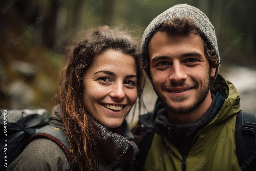 Young couple outdoors hiking. Generative AI Young couple outdoors hiking. Generative AI