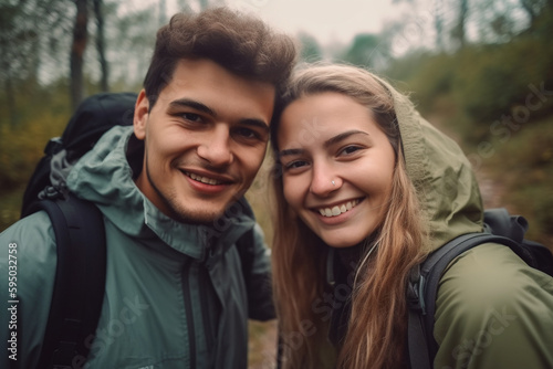 Young couple outdoors hiking. Generative AI