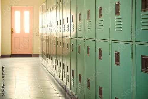 Secure and Stylish: Green Lockers Lining a School Hallway. Generative AI