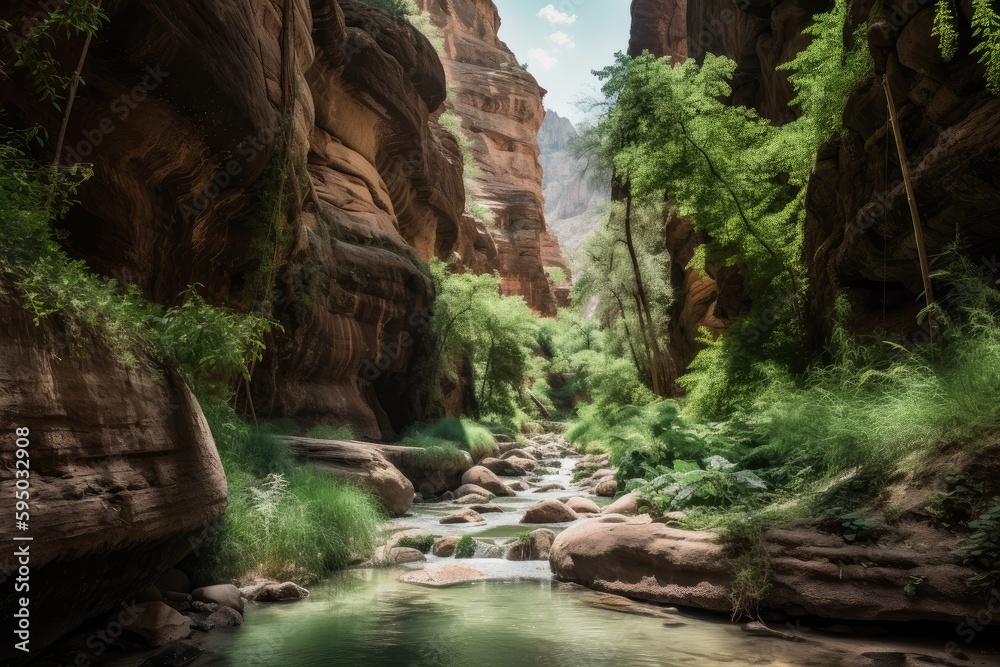 majestic canyon, with waterfalls and pools of water, surrounded by lush ...