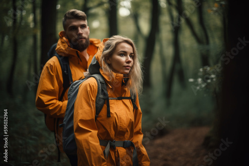 Young couple outdoors hiking. Generative AI