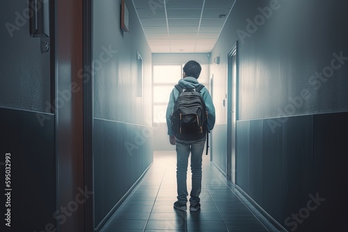 Navigating the Halls: Teenager with a Backpack in a School Hallway. Generative AI
