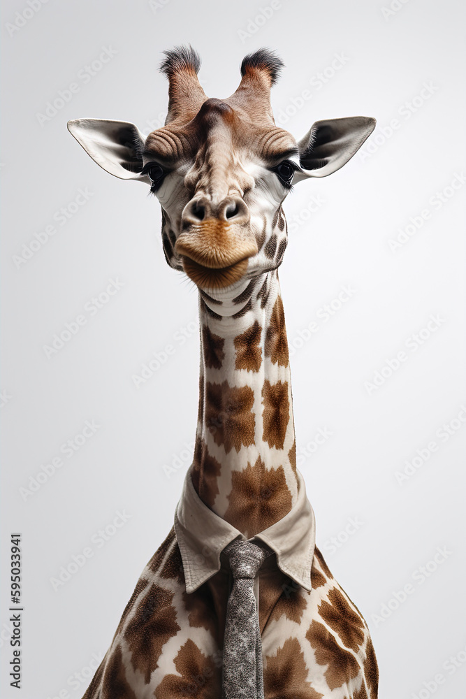 Obraz premium Giraffe in a stylish business suit. Portrait of a business funny animal , created with Generative AI technology