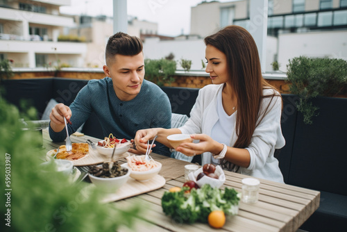 Beautiful young couple eating healthy food on a terrace. Generative AI