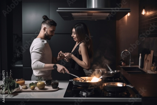 Beautiful young couple having fun cooking pasta together in a modern kitchen. Generative AI