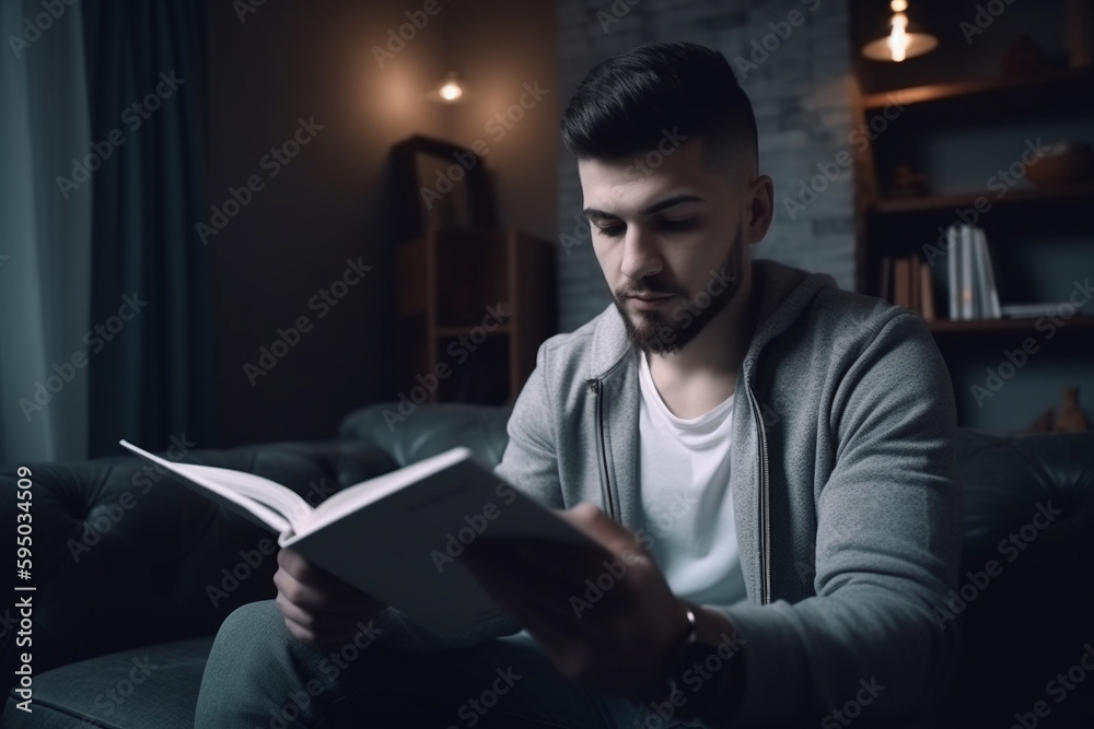Young man reading a book in the living room. Generative AI Young man reading a book in the living room. Generative AI