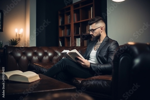 Young man reading a book in the living room. Generative AI