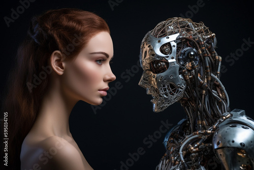 Woman vs robot, conceptual illustration. Generative AI