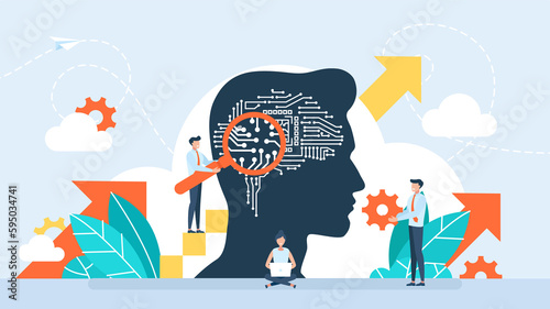 Brain with the neural network on laptop and scientists, tiny people. Human head with a computer chip. Artificial intelligence, machine learning. Data, brain with a digital circuit. Flat illustration