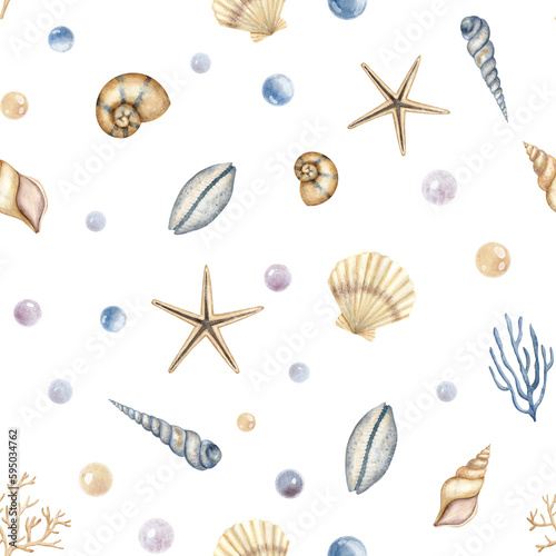Seashell seamless Pattern on isolated background. Hand drawn illustration of scallop Shells, nautilus and corals for textile design or wrapping paper in marine style. Cockleshell ornament with bubbles