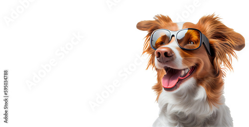 Dog wearing cool sunglasses in summer, on a white background with clipping path