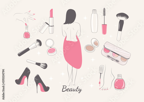Set. Silhouette of a girl. A set of cosmetics and beauty accessories Beauty, relaxation, treatments, Fashion, makeup