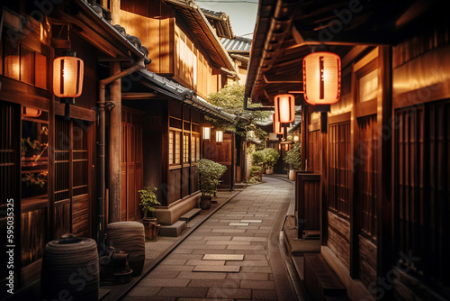 A Kyoto Street with Traditional Wooden Houses and Lanterns by Night - generative AI