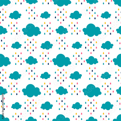 Seamless pattern with blue clouds and colorful raindrops