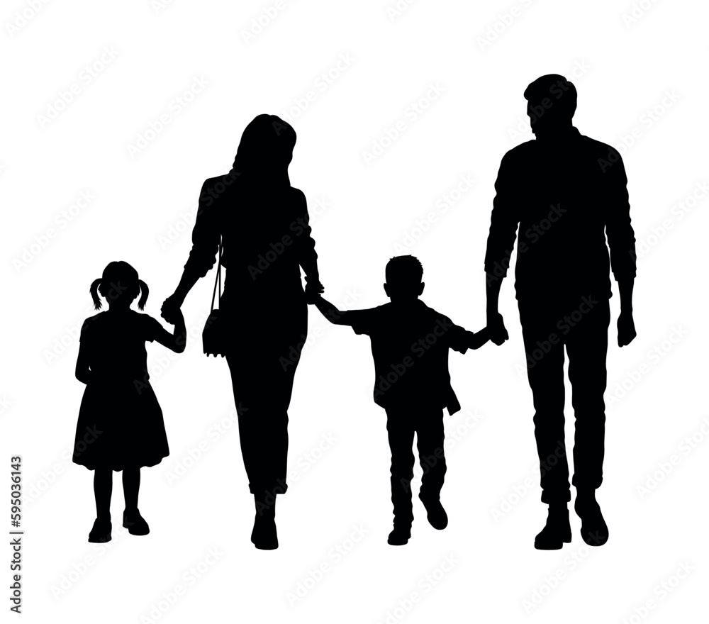 Happy family holding hands walking together vector silhouette.