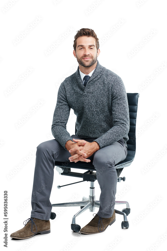 Business man, professional and portrait with smile for recruiting sitting on a chair. Happiness executive manager and smiling for recruit, hire or startup isolated on transparent, png background Business man, professional and portrait with smile for recruiting sitting on a chair. Happiness executive manager and smiling for recruit, hire or startup isolated on transparent, png background