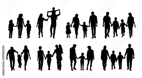 Happy family walking together various poses vector silhouette set.