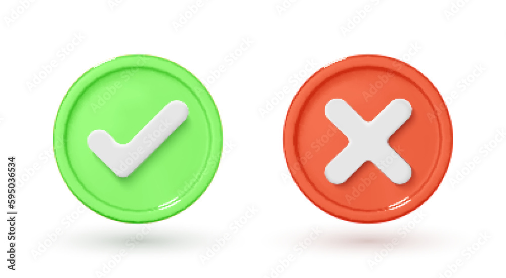 Checkmark icons. Green tick and red cross checkmarks. 3D symbols check mark and X