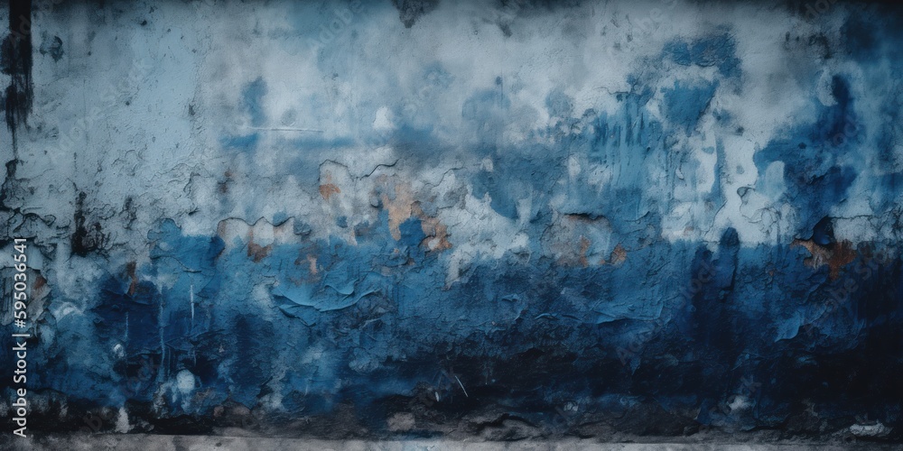Toned painted old concrete wall with plaster. Dark blue vintage texture background with space for design. Close up. Rough brush strokes. Grungy, grainy, uneven surface. Empty