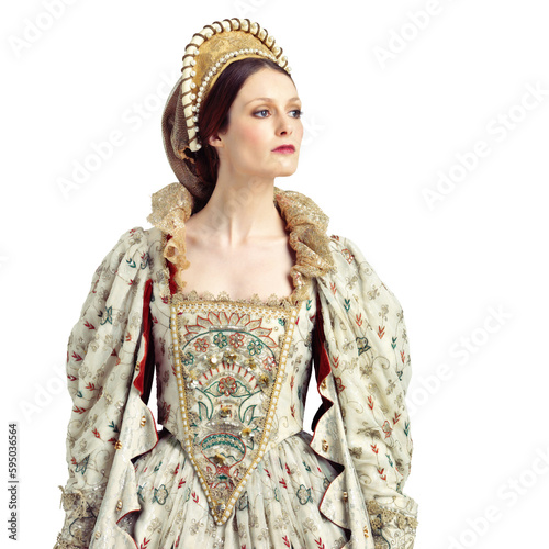 Woman, queen and royal costume on isolated, transparent and png background for theatre, drama and rehearsal. Victorian, fashion and female pose in medieval vintage dress, classic and royal aesthetic