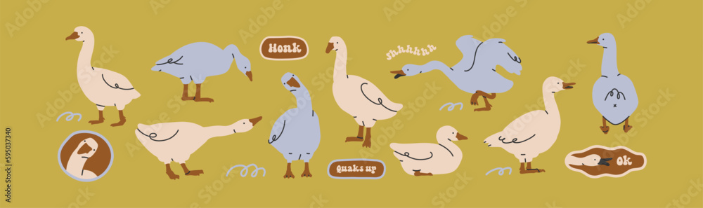 Funny geese set with stickers. Goose, duck, swan various shapes. Farm birds vector concept. All items are isolated Funny geese set with stickers. Goose, duck, swan various shapes. Farm birds vector concept. All items are isolated