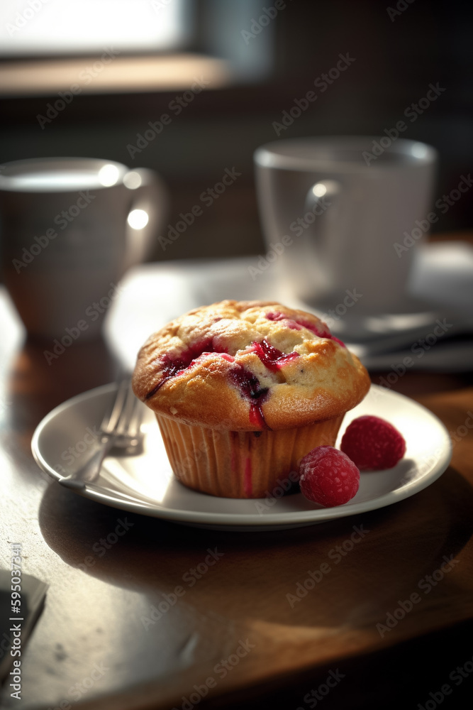 Breakfast raspberry muffin on table with cup of coffee or tea in background