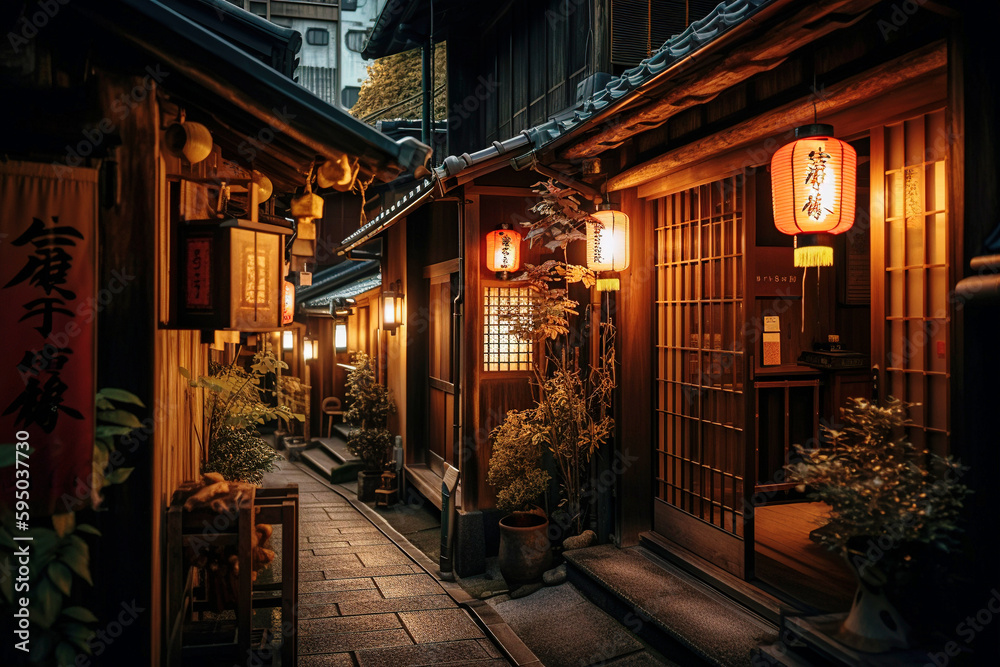 A Kyoto Street with Traditional Wooden Houses and Lanterns by Night - generative AI