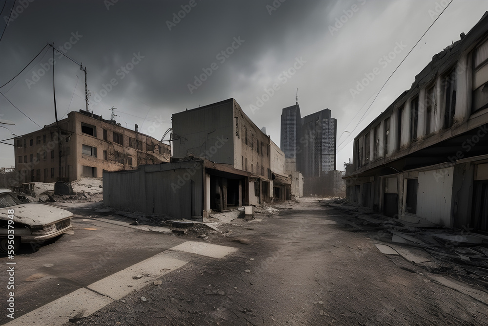 Abandoned postapocalyptic building in the city & cars