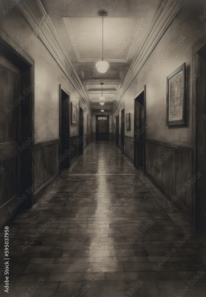 Long hallway with multiple doors like empty Generative AI