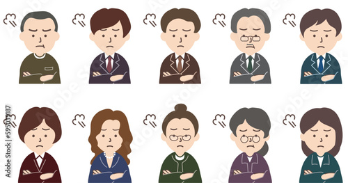 スーツを着た男性と女性人物のアイコンセット_怒り顔