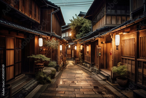A Kyoto Street with Traditional Wooden Houses and Lanterns by Night - generative AI