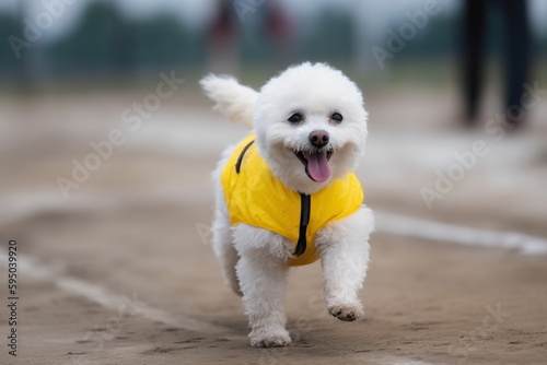 white fluffy puppy running on an athletics track wearing yellow competition outfit, Generative AI © Fabio