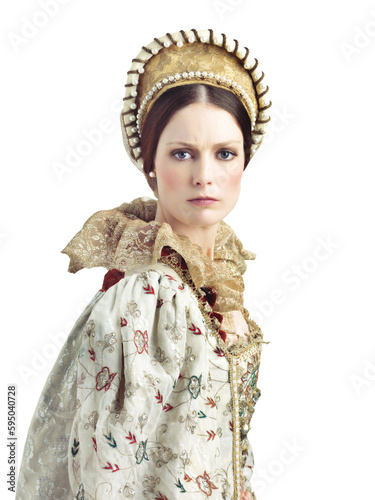 Woman, portrait and queen in royal fashion on isolated, transparent or png background. Theatre, face and lady with crown, vintage or clothing for medieval, show or rehearsal in elizabethan aesthetic photo