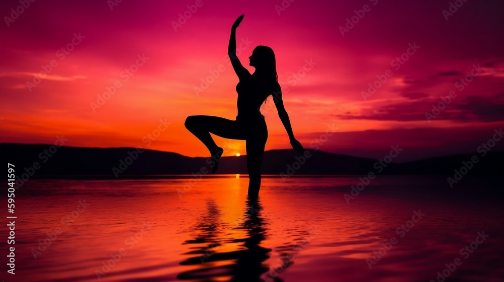 Red Sun Salutation: Beach Yoga with a Rich Sunrise Palette. Ai generative