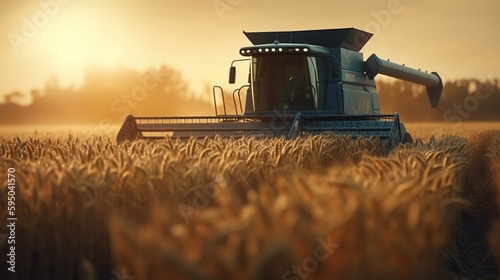 combine harvester working on a wheat field. Ai generative