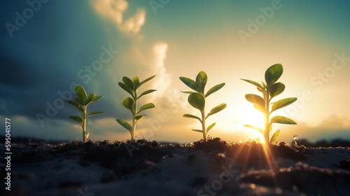 Business concept, growing plants against sunny sky background. Ai generative