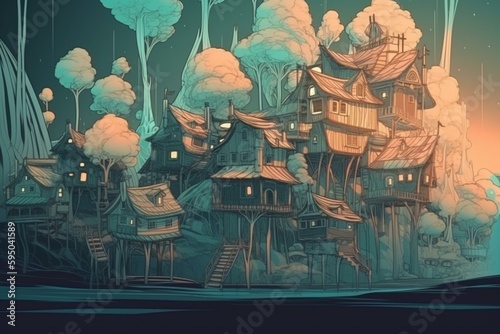 Fantasy houses in forest, fairytale surreal village in trunks of trees, generative AI
