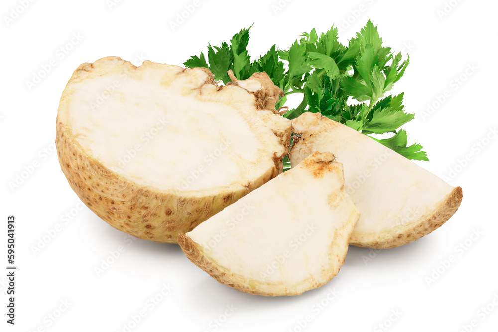 Fresh celery root half and slice isolated on white background Fresh celery root half and slice isolated on white background