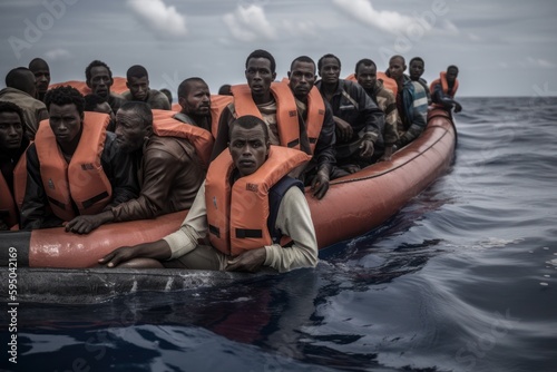 Young North Africans who flee into the sea with their boat during illegal immigration. Generative AI photo