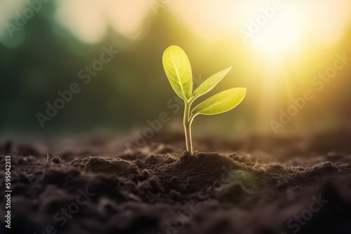 The Sapling are growing from the soil with sunlight. Young sprout. Green plant over lighting background, planting tree, environment, ecology concept. 